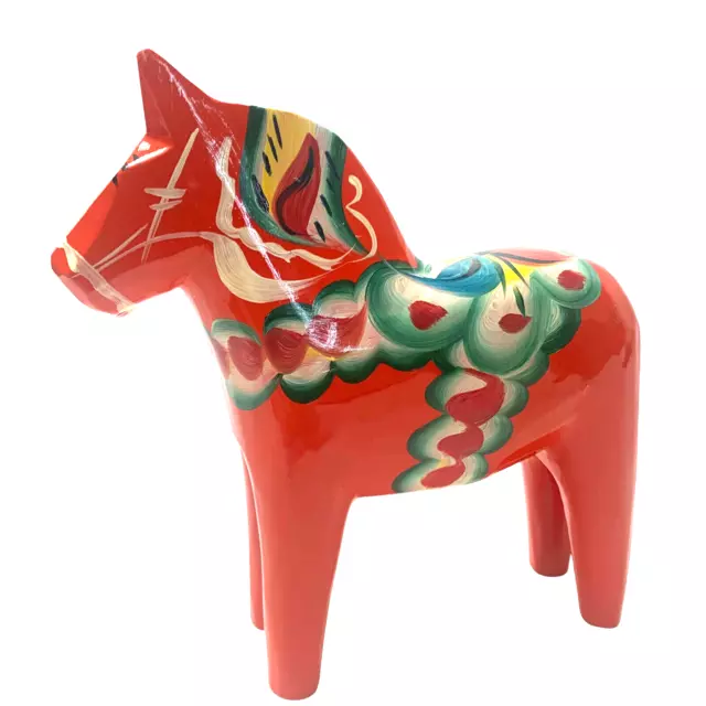 Vintage Swedish Wooden Dala Horse Hand Painted Red Nils Olsson 6" High