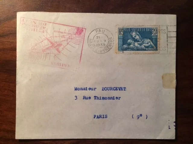 1939 STAMP ENVELOPE BORDEAUX MONT DE MARSAN 1st AIR LINK NIGHT