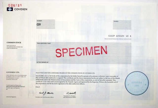 Bermuda. Covidien Ltd., 2007 Odd Shrs Specimen Stock Cert, VF