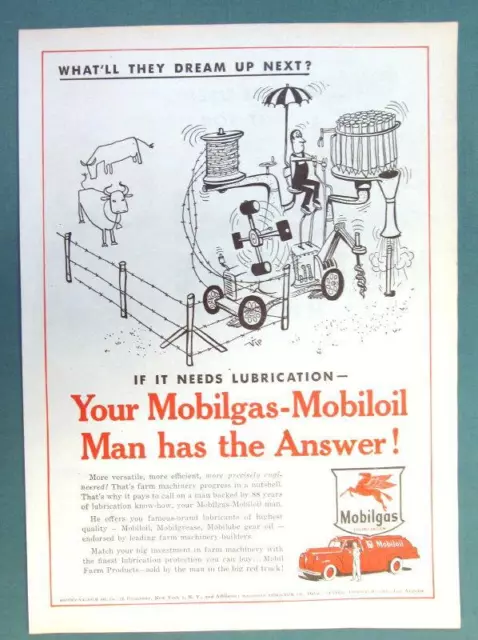 What'll They Dream Up Next Series 1955 Mobil Ad AUTOMATIC FARM FENCE BUILDER