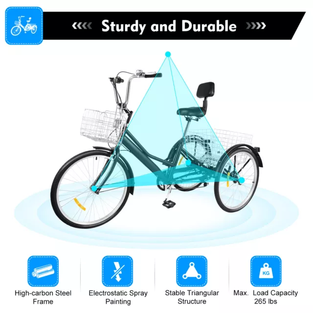 24 Zoll Dreirad für Erwachsene 3-Rad 7-Gang Senioren Fahrrad mit Einkaufskorb 3