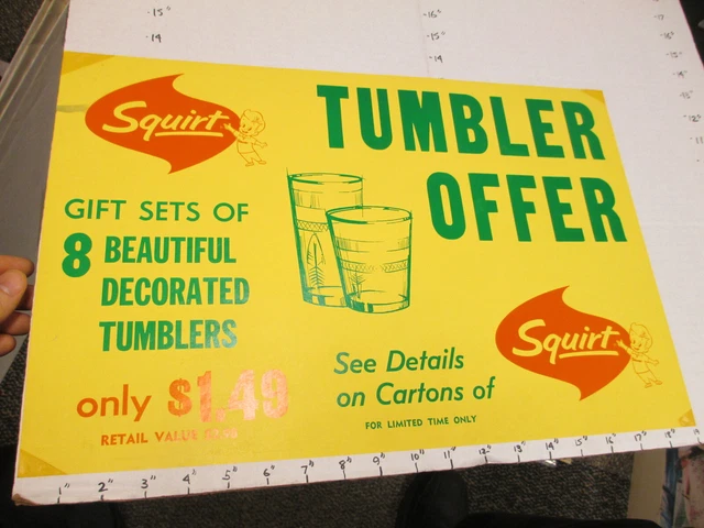 SQUIRT soda 1960s store display sign US paper poster carton premium TUMBLER set