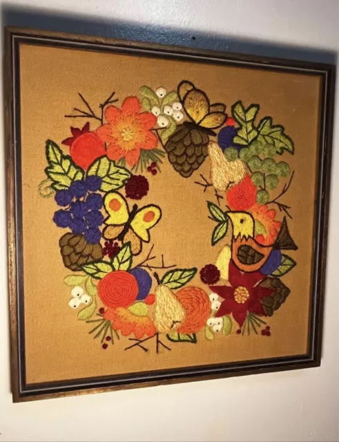 "Credela de arte popular de colección bordado cosecha otoño con marco 17""x 17 3/4"""