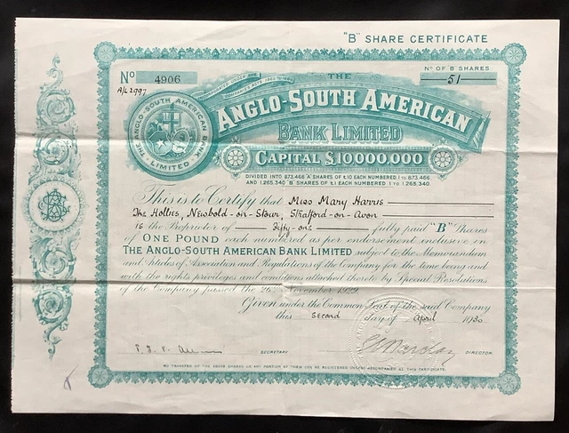 Anglo-South American Bank “B” Share Certificate 1930