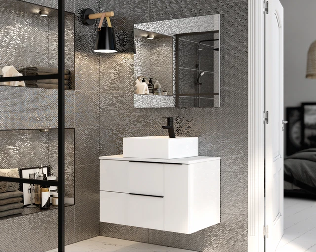 Armadietto Da Bagno Priano Con Anta E Cassetto – Bianco, In MDF, Autonomo, Misure 43x34x77 Cm, Per Organizzare Asciugamani E Beauty