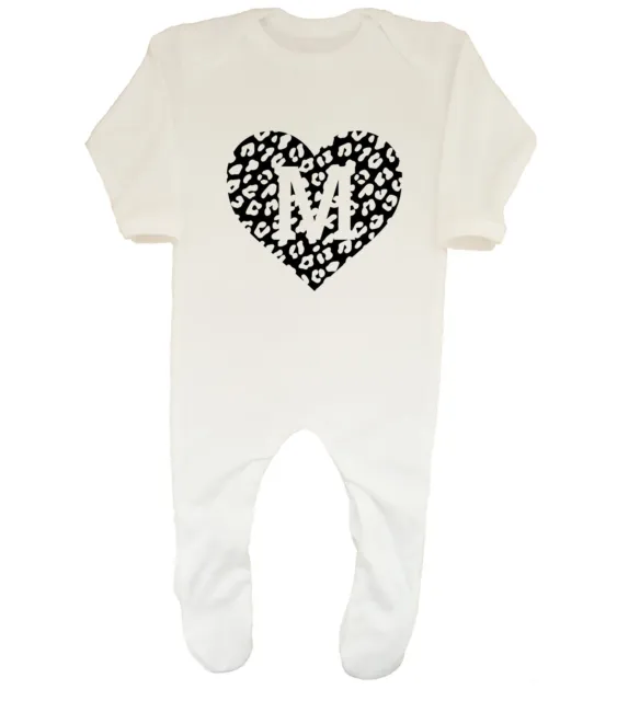 Personalised Leopard Print - Black Heart & White Text Baby Grow Sleepsuit