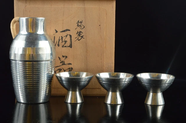 G7205: Japanese Tin Ring line sculpture SAKE BOTTLE & CUP/Tokkuri Sakazuki