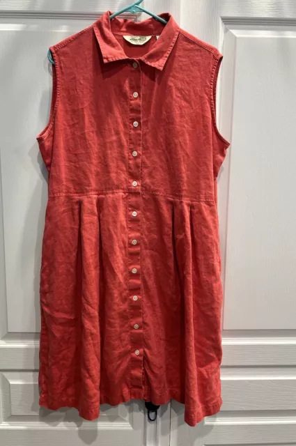 Eddie Bauer XL Vintage Red Linen Dress Sleeveless Collar Button Pockets