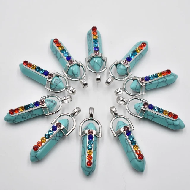 10pcs Turquoise Stone Hexagonal Pointed 7 Color Reiki Chakra Pendant