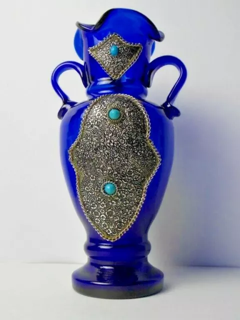 Vase Cobalt Blue Hand Blown Transparent Glass Metal Floral Plates Blue Stones 3