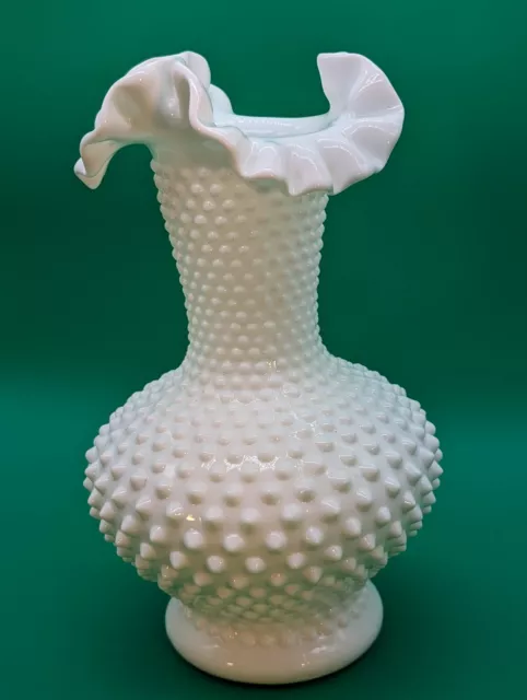 Vintage Large Fenton White Milk Glass Hobnail Ruffled Crimped Edge Vase 11"