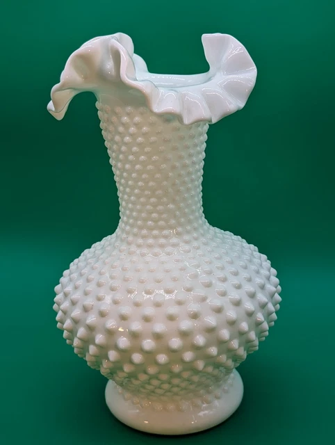 Vintage Large Fenton White Milk Glass Hobnail Ruffled Crimped Edge Vase 11"