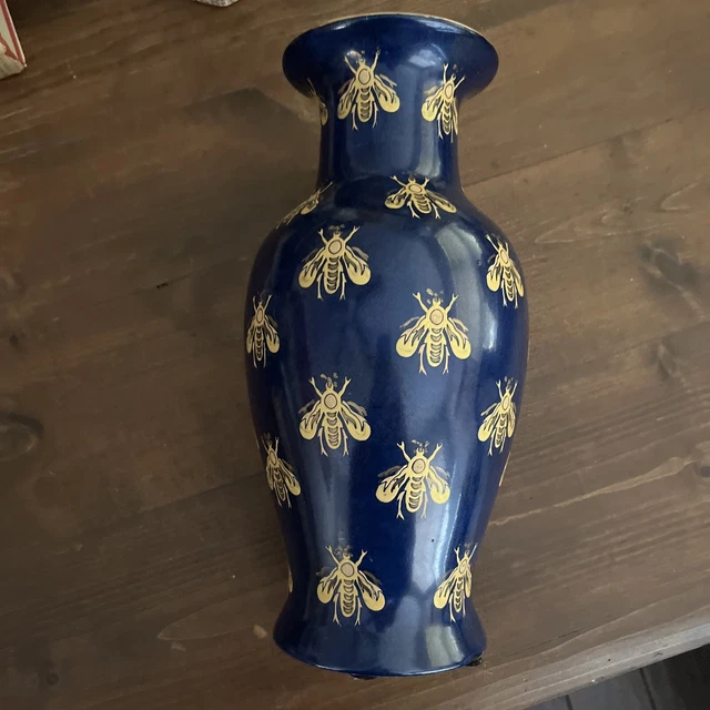 VINTAGE PORCELAIN ANDREA by Sadek Navy Blue Gold Honey Bee Vase 12" £86