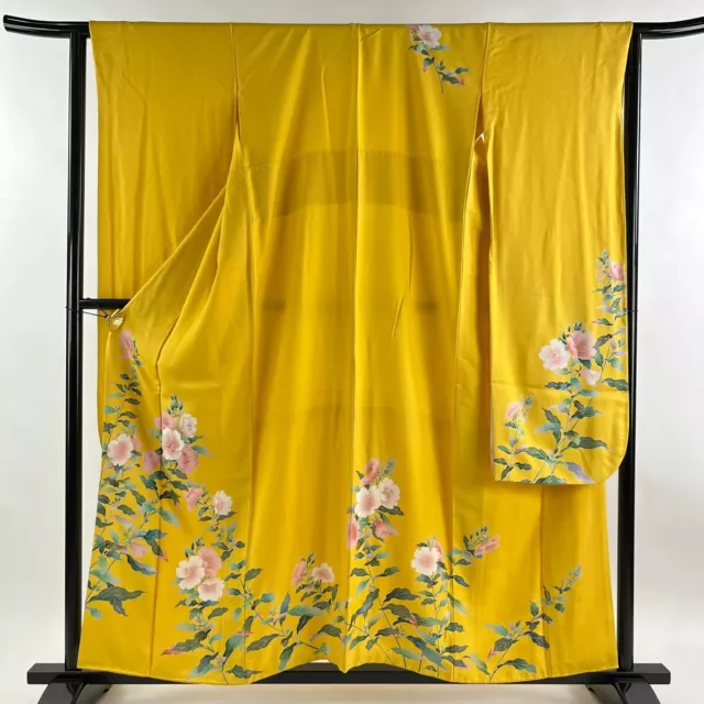 Japanese Silk Kimono Vintage Furisode Gold Gorgeous Yellow Embroidery Plant 61in