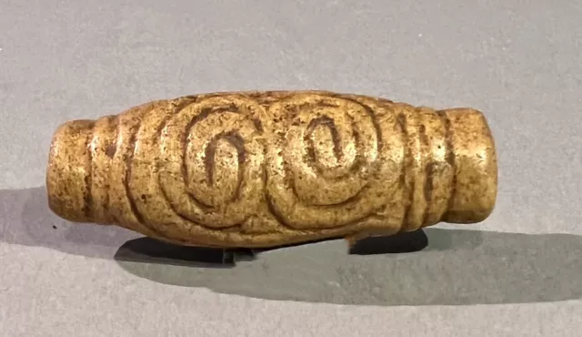 Taino. Stone Bead With Incised Owl Face Symbol. PreColumbian