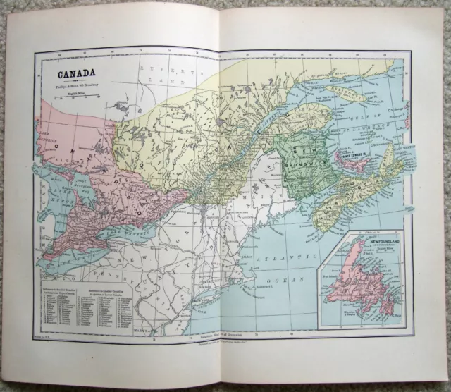 Eastern Canada - Original 1882 Map by Phillips & Hunt. Antique