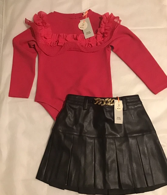 River island mini girls aged 2-3 Years pleated faux leather skirt outfit BNWT