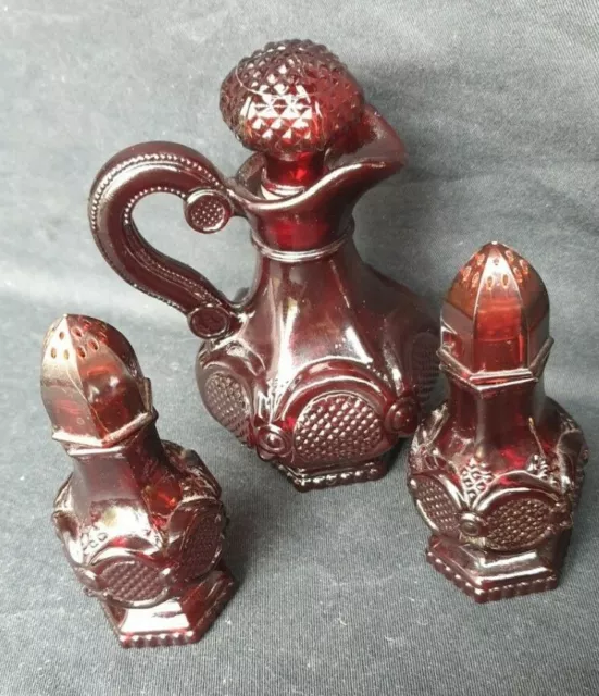 Avon Vintage Ruby Red Lidded Cruet And Shakers Glass Retro Cape Cod