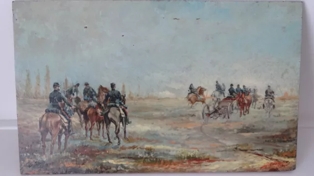 Huile sur panneau de bois Militaire en action  cavalerie signée Chaix 1914