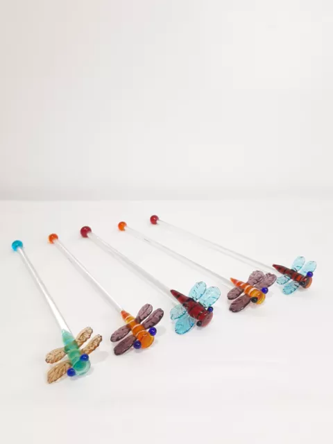 Vintage Dragonfly Blown Art Glass Swizzle Sticks Lot Of 5 Cocktail Stirrers