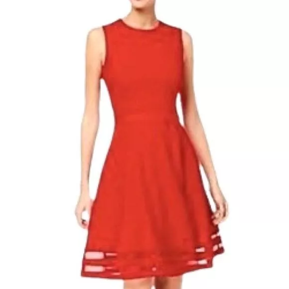 Calvin Klein Sleeveless Round Neck Illusion Mesh Flare Carmine Red Dress Size 4P