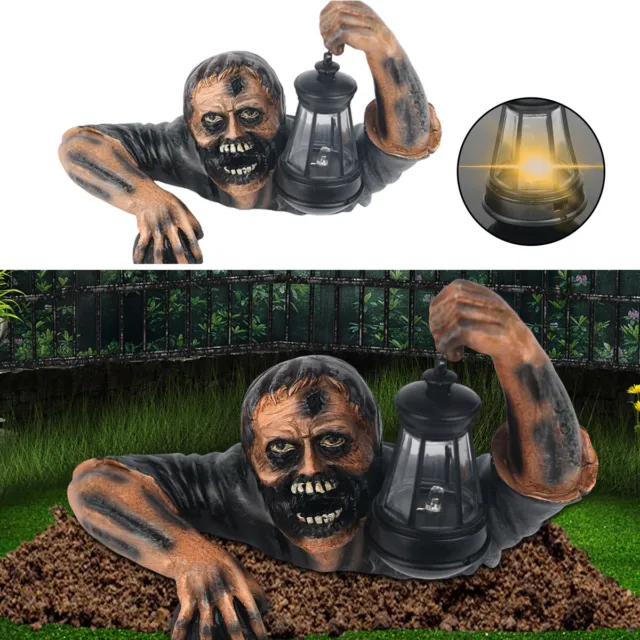 Zombie Crawling out of Grave Sculpture with LED Lantern Garden Statue Decoration