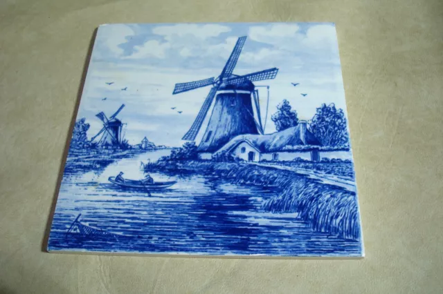 VINTAGE DELFT WARE WINDMILL DUTCH TILE 6" X 6" BLUE AND WHITE CERAMIC Wall Art
