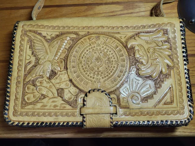 Vintage Ornate Handmade Carved Brown Leather Mexico Hand  Tooled Purse Etched
