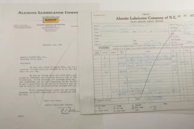 1929 Lamson Goodnow Alemite Lubricator Co Boston MA Orders Ephemera P975G