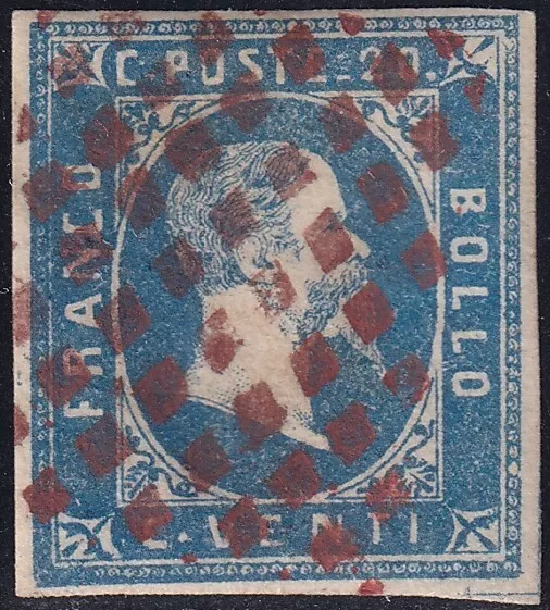 1851 Antique USA Italiani Sardinia 20 C Blue Light I ° Drawn 2g Luxury