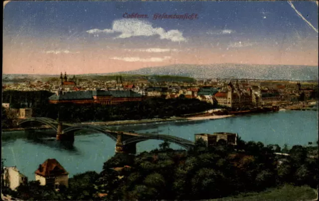 Coblenz Koblenz alte Postkarte 1927 gelaufen Gesamtansicht Rheinbrücke