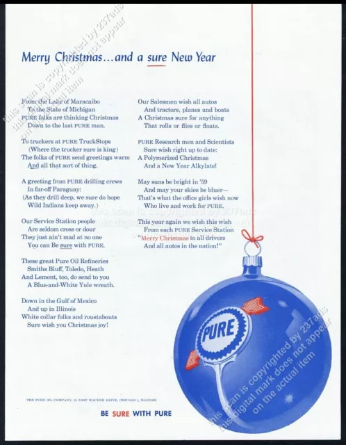 1958 Pure Oil gas Christmas ornament photo vintage print ad