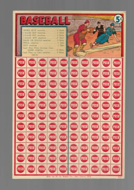 Vintage Baseball Punch Card Game Board 5c Punch Card W.H. BRADY CO.