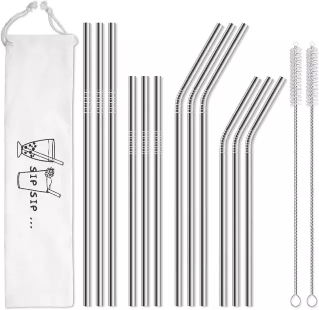 12 Pack Reusable Stainless Steel Metal Straws with Case Long Drinking Straws 2 C