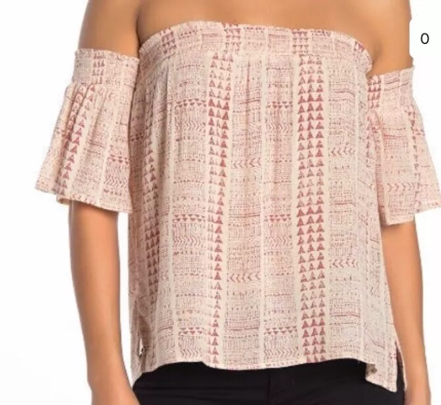 NWT Womens ELAN Off Shoulder TOP Smocked Short-Sleeve Cropped Clay/Natural Aztec