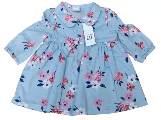 GAP Baby Girls Baby Blue Floral Collared Cotton Long Sleeve Dress MRRP £19.99
