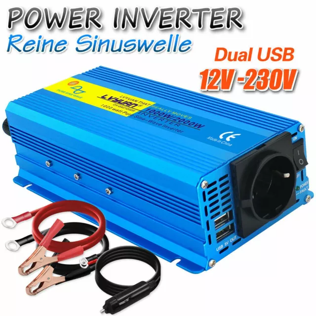 Spannungswandler 1000W 2000W 12V auf 230V Reiner Sinus Wechselrichter 2USB EU