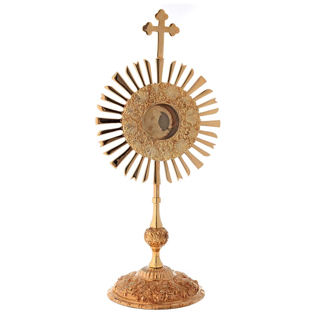 Reliquiario raggiera 32 cm teca tonda ottone dorato