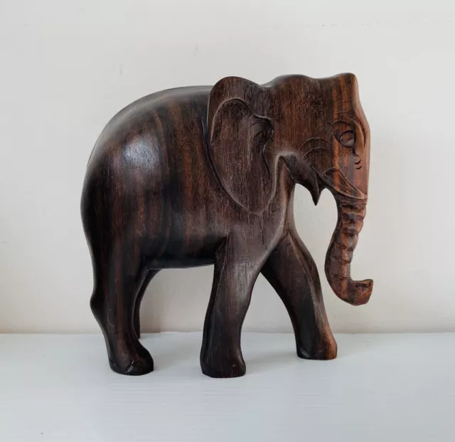 Small Hand Carved Wood Wooden Elephant Figurine 10cm High 11cm Long