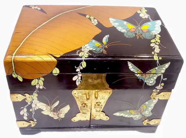 Black Lacquered Chinoiserie Jewelry Box, Lidded Top & 3 Drawers, Butterflies