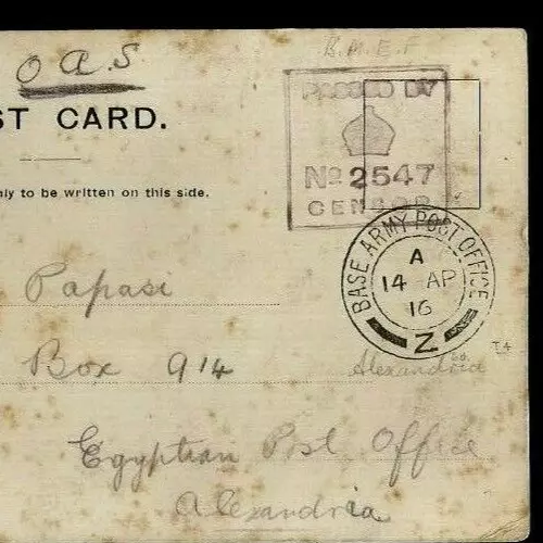 Egypt British Forces Wwi 1916 Censored Base Army Post Office &Oas Gb To Alexan