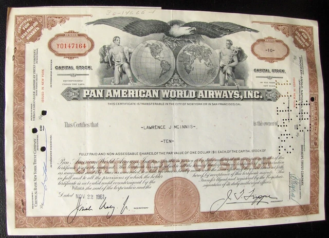Pan American World Airways stock certificate w/ 2 stamps ($3) + 2 documents 1961