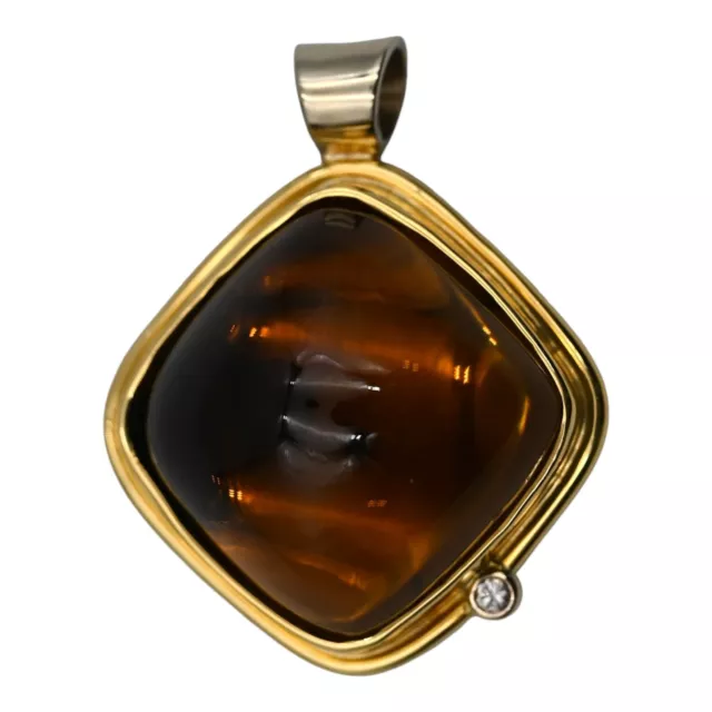 Modernist Honey Amber Cabochon Diamond Pendant 14K White Yellow Gold Signed