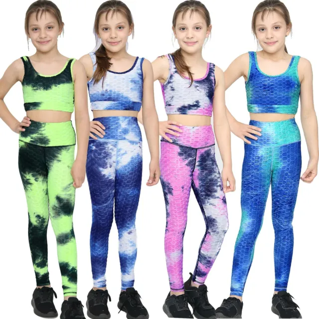 Girls Honeycomb Leggings Crop Top Vest Gym Dance Yoga Exercise High Waist Set