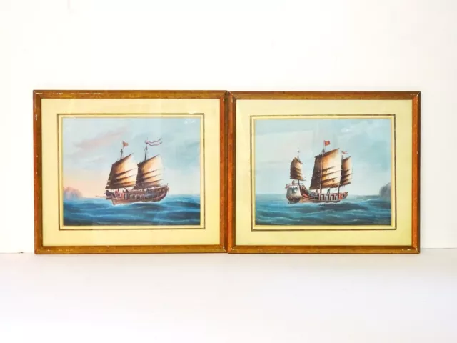 Original gouache paintings PAIR framed Junks sailing ships Chinese Trade Export