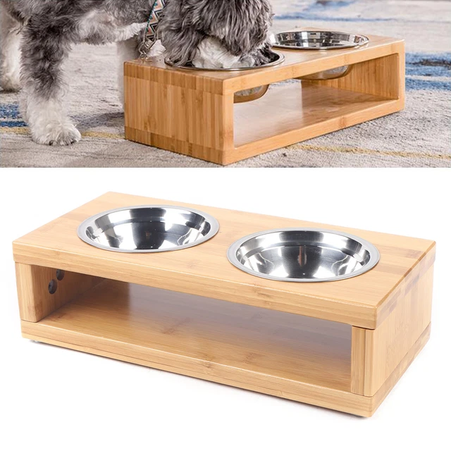 Bamboo Pet Feeder Brown Non-Spill Water Feeding with 2 Stainless Steel Bowl