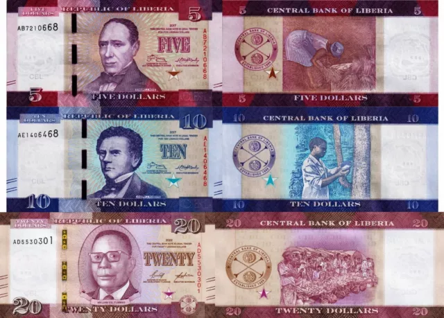 LIBERIA - Lotto 3 banconote 5/10/20 dollars 2016 FDS - UNC