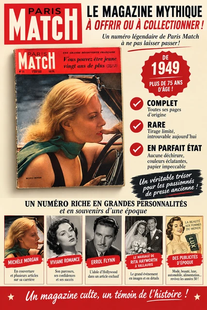 MAGAZINE PARIS MATCH n°11 # Michèle Morgan # Samedi 4 juin 1949 # EUR ...