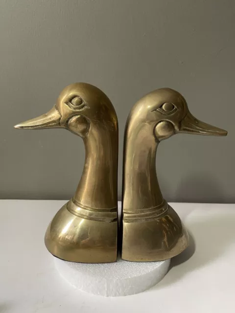 Pair of Vintage Korean Solid Brass Duck Head Bookends Mallard Paperweight 6.25"