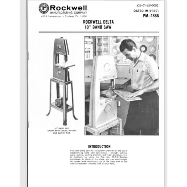 1971 Rockwell PM-1886 Rockwell 10" Band Saw Instruction Maint & Parts Manual
